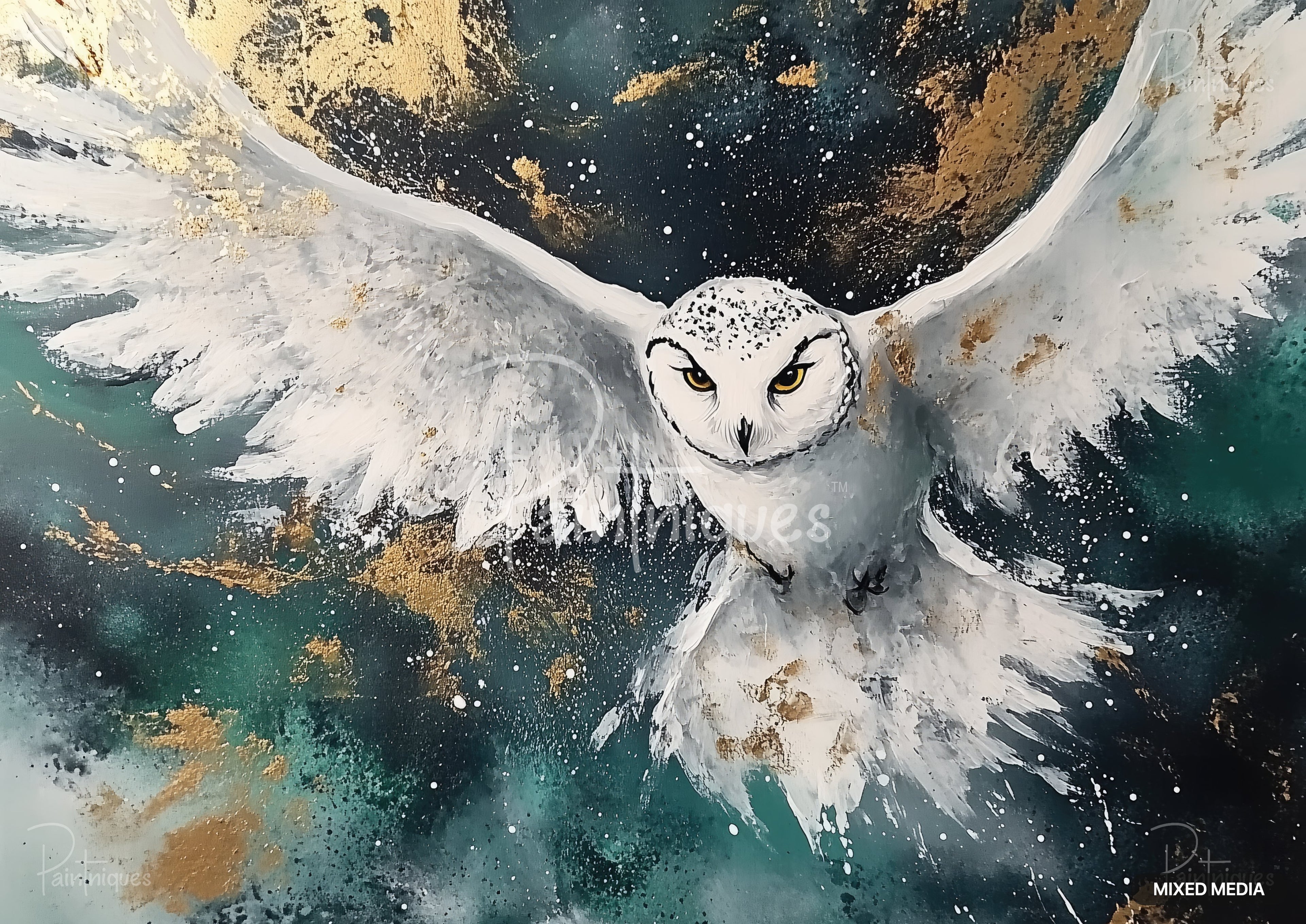 A majestic owl with golden eyes and white feathers outstretched in flight, against a stormy teal and gold sky.