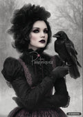 A woman in a black Victorian dress, holding a raven on her gloved hand, stands in a snowy forest.