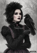 A pale woman in dark clothing and feathered headpiece holds a crow on her gloved hand. Snow falls.