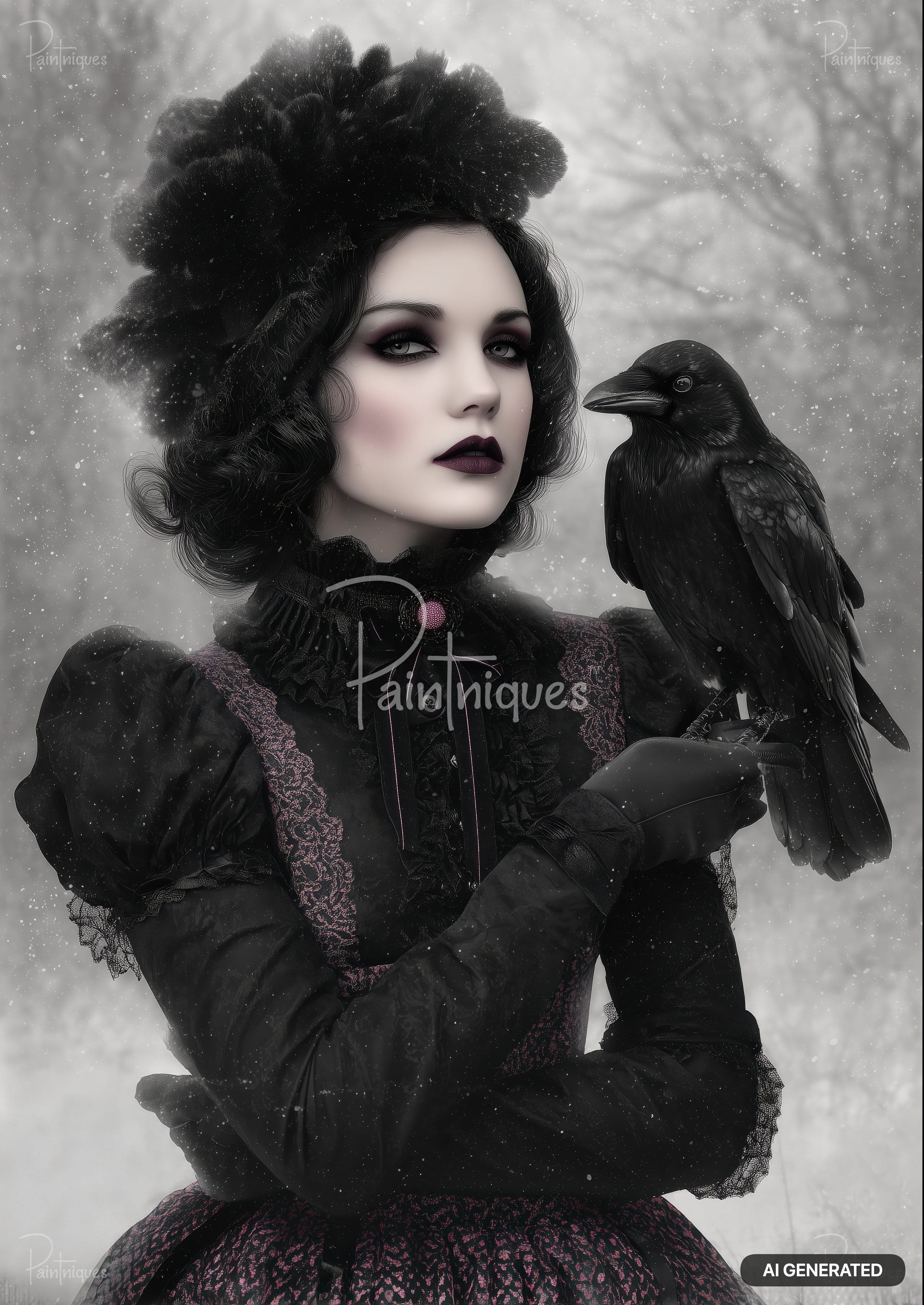 A pale woman in dark clothing and feathered headpiece holds a crow on her gloved hand. Snow falls.