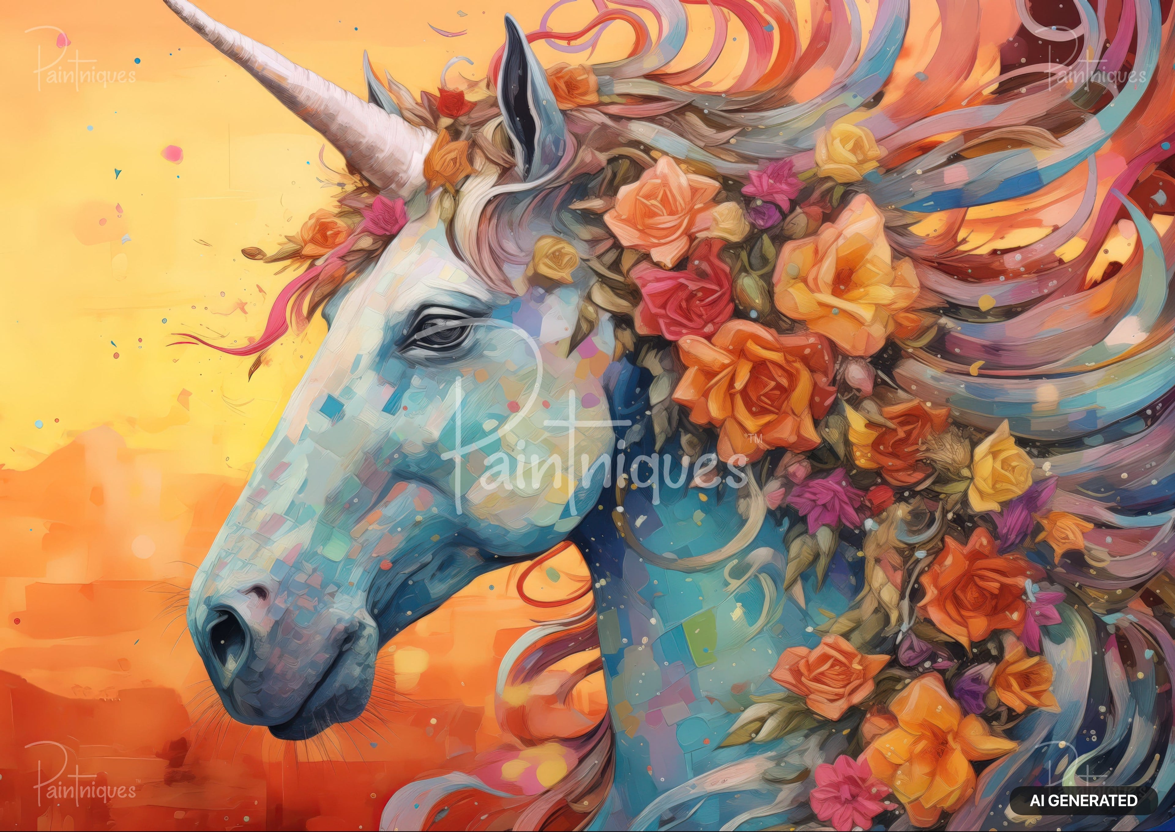 Abstract style unicorn with a light blue and white mosaic head, surrounded by colorful roses and flowing mane.
