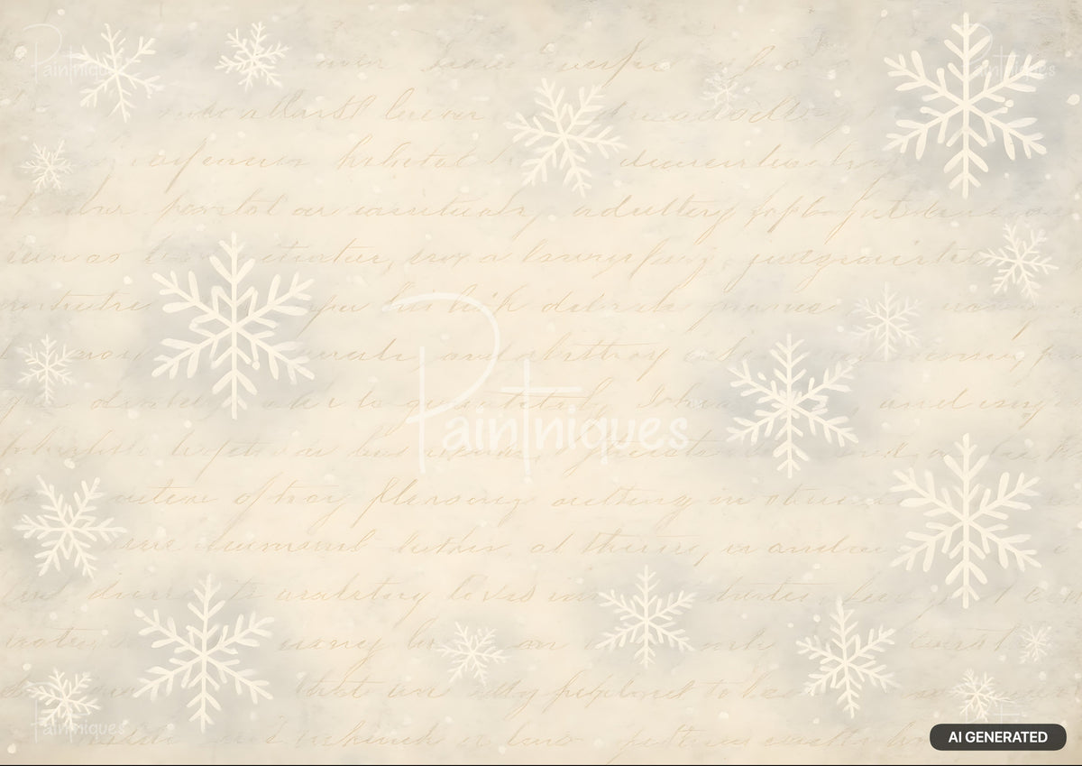 Light grey and off-white background with a faint vintage script overlay and various white snowflakes scattered across.