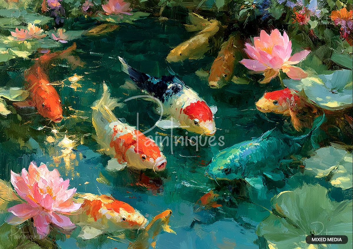 Oil painting of orange, white, black, gold, and teal koi fish swimming among pink water lilies and green lily pads.