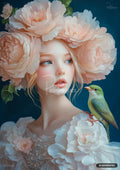 A blonde woman with blue eyes and pink blushing cheeks, adorned with large blush-pink flowers, with a green bird on her shoulder.