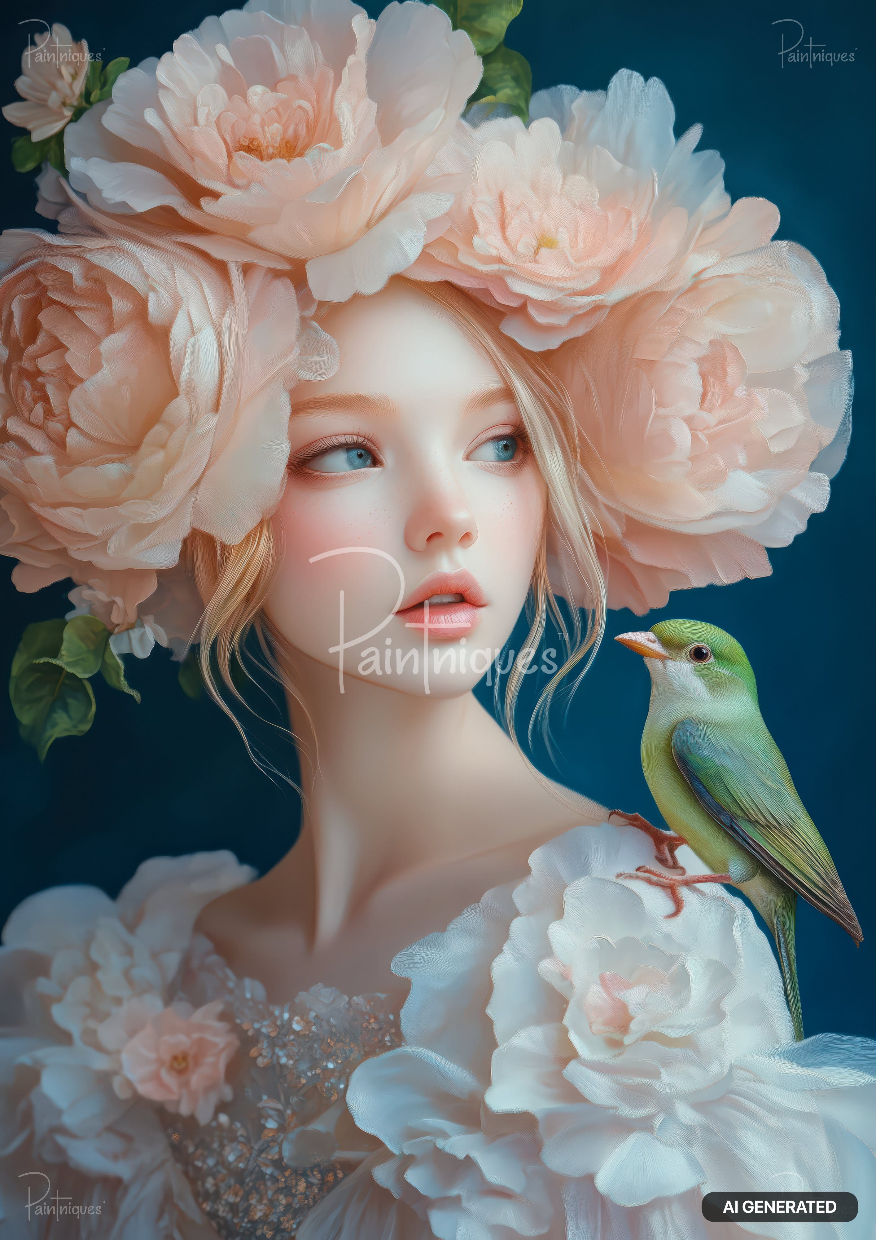 A blonde woman with blue eyes and pink blushing cheeks, adorned with large blush-pink flowers, with a green bird on her shoulder.