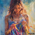 A woman in a colorful top holding strands of colorful threads, looking down at them. Painted in a loose, impasto style.
