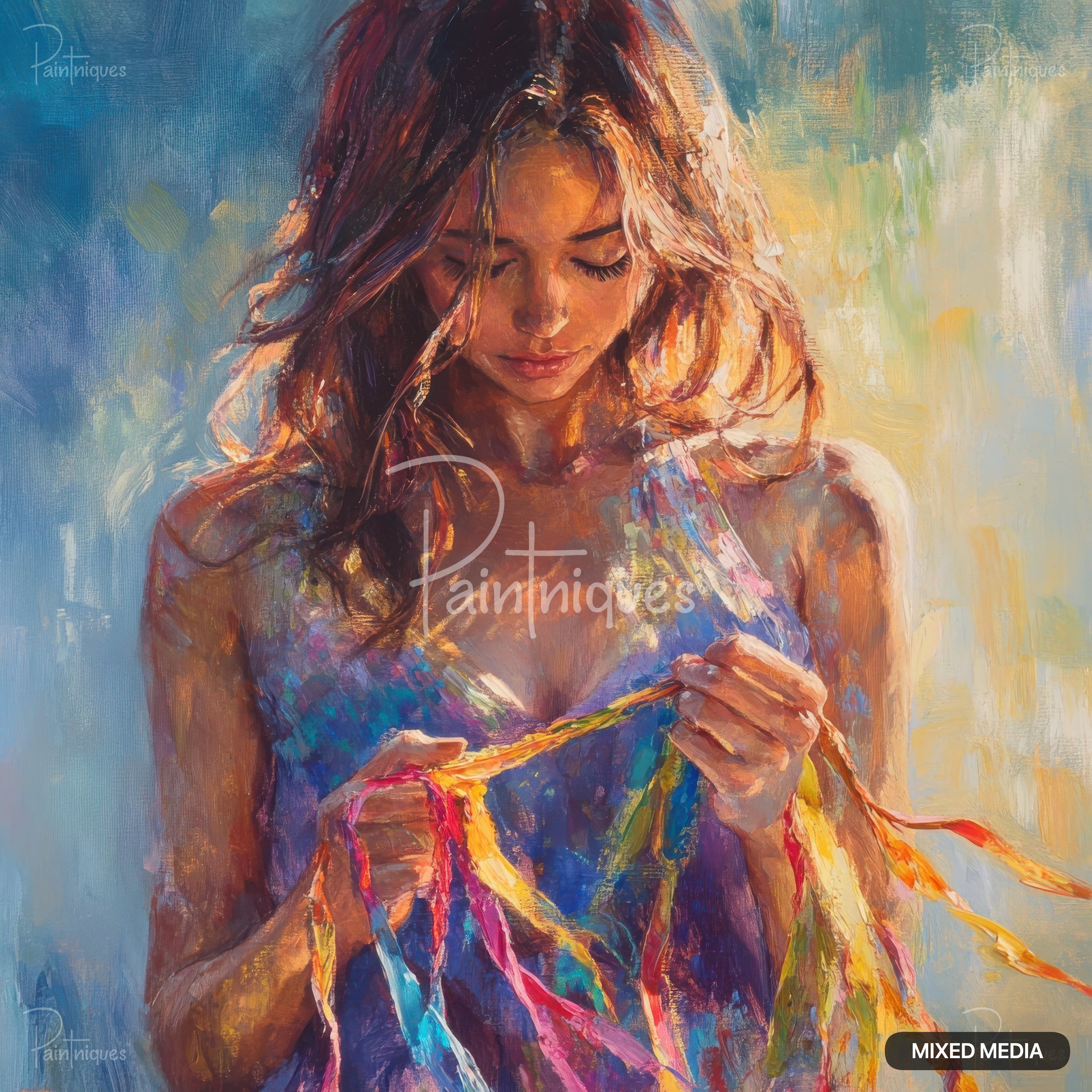 A woman in a colorful top holding strands of colorful threads, looking down at them. Painted in a loose, impasto style.