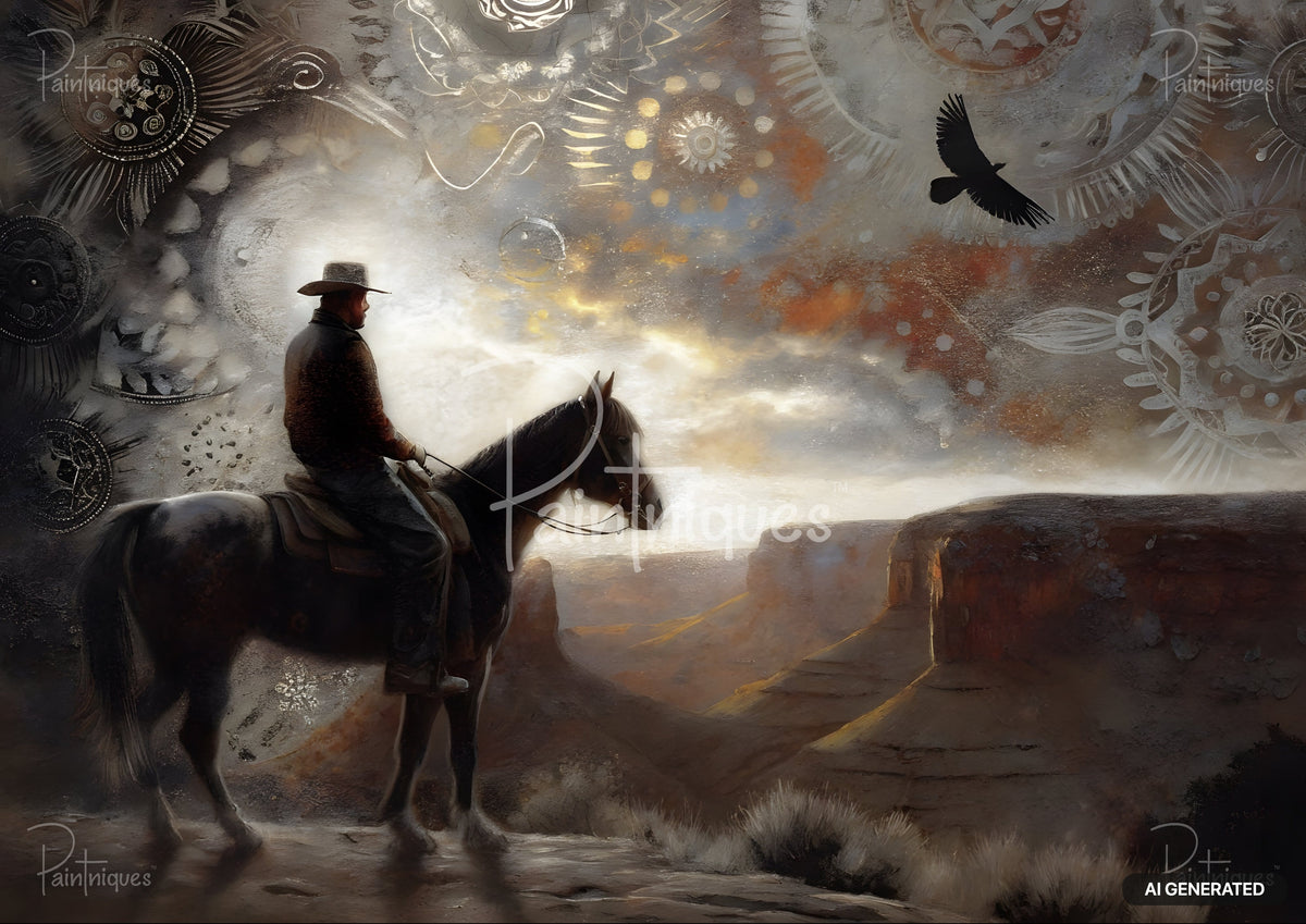 Original artwork "southwestern cowboy horse at canyon decoupage paper" printed on a decoupage tissue paper