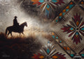 Silhouette of a cowboy riding a horse at sunset, with ornate southwestern patterns featuring teal, red, and orange accents.
