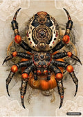 Steampunk spider with golden and black body, gears, and orange accents, against a background of faint schematics and lace.