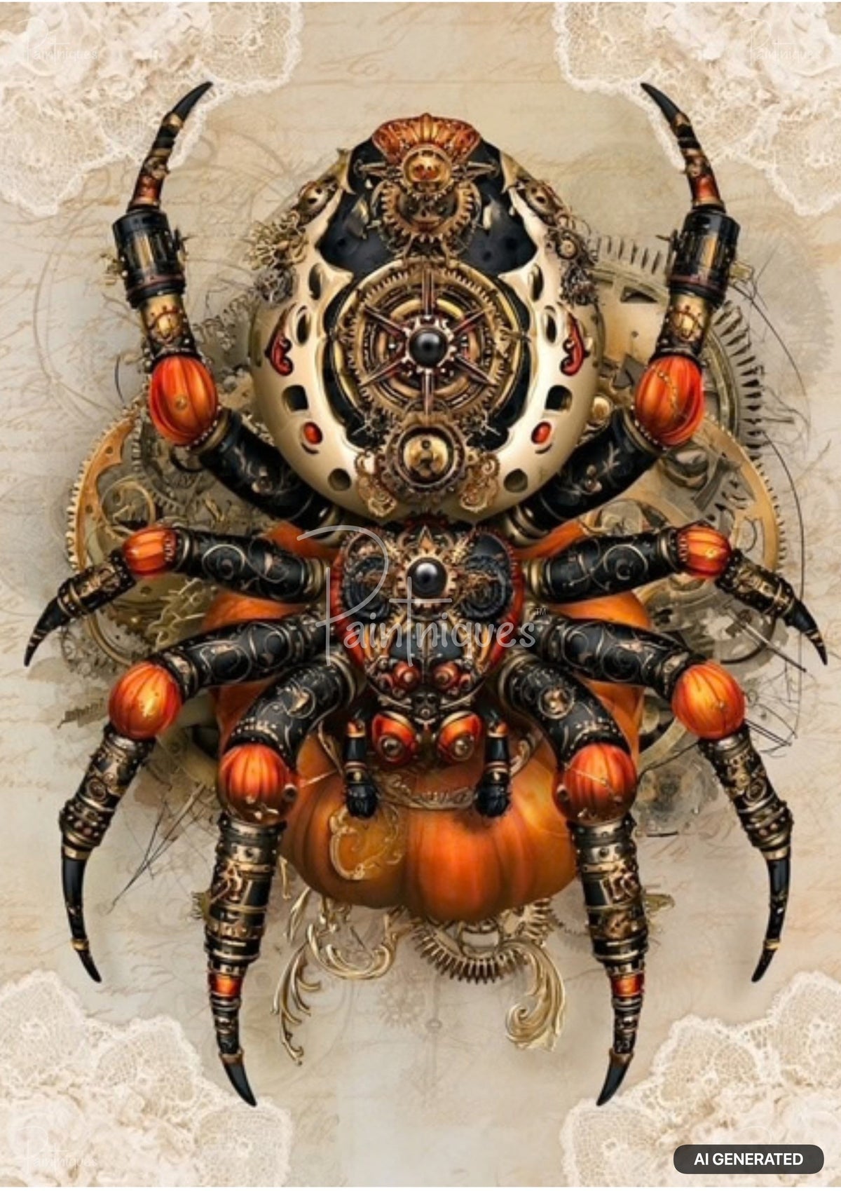 Steampunk spider with golden and black body, gears, and orange accents, against a background of faint schematics and lace.