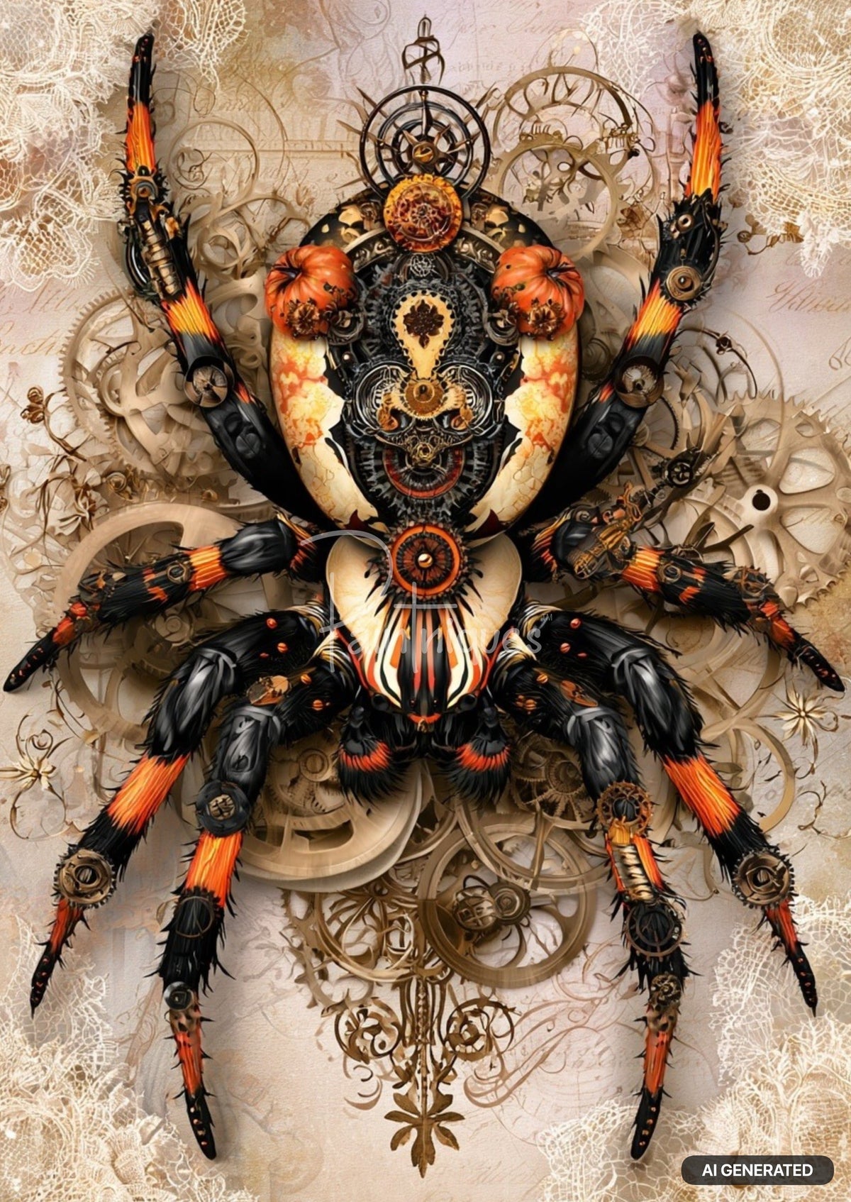 Steampunk-style spider made of gears and metal, with black and orange striped legs. Two pumpkins on its back.