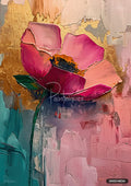 A textured painting with a large pink flower featuring thick petals and a golden center, set against an abstract gold, teal, and pink background.
