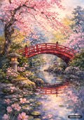 A serene watercolor painting of a red arched bridge over a river, surrounded by cherry blossom trees in full bloom.