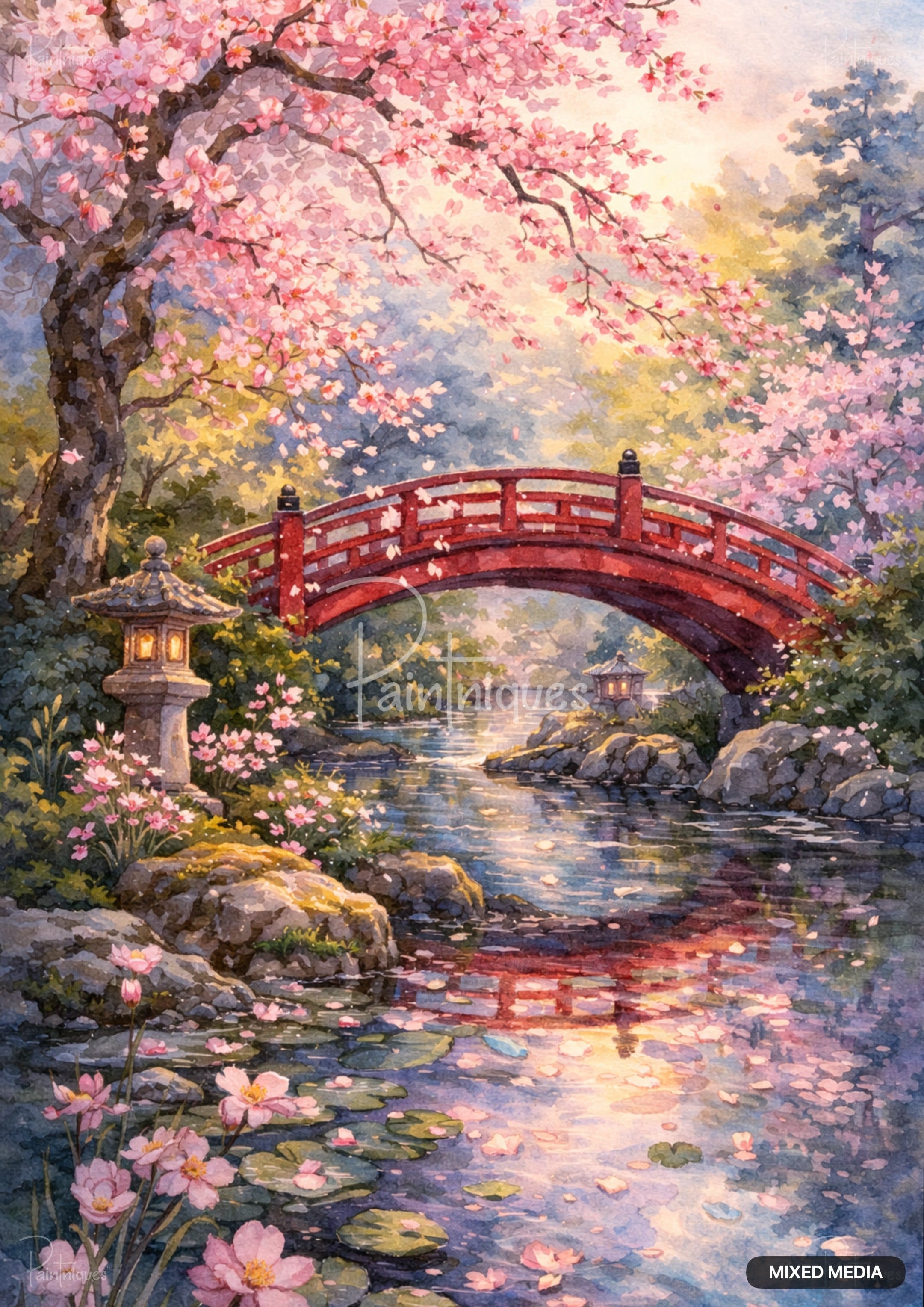A serene watercolor painting of a red arched bridge over a river, surrounded by cherry blossom trees in full bloom.