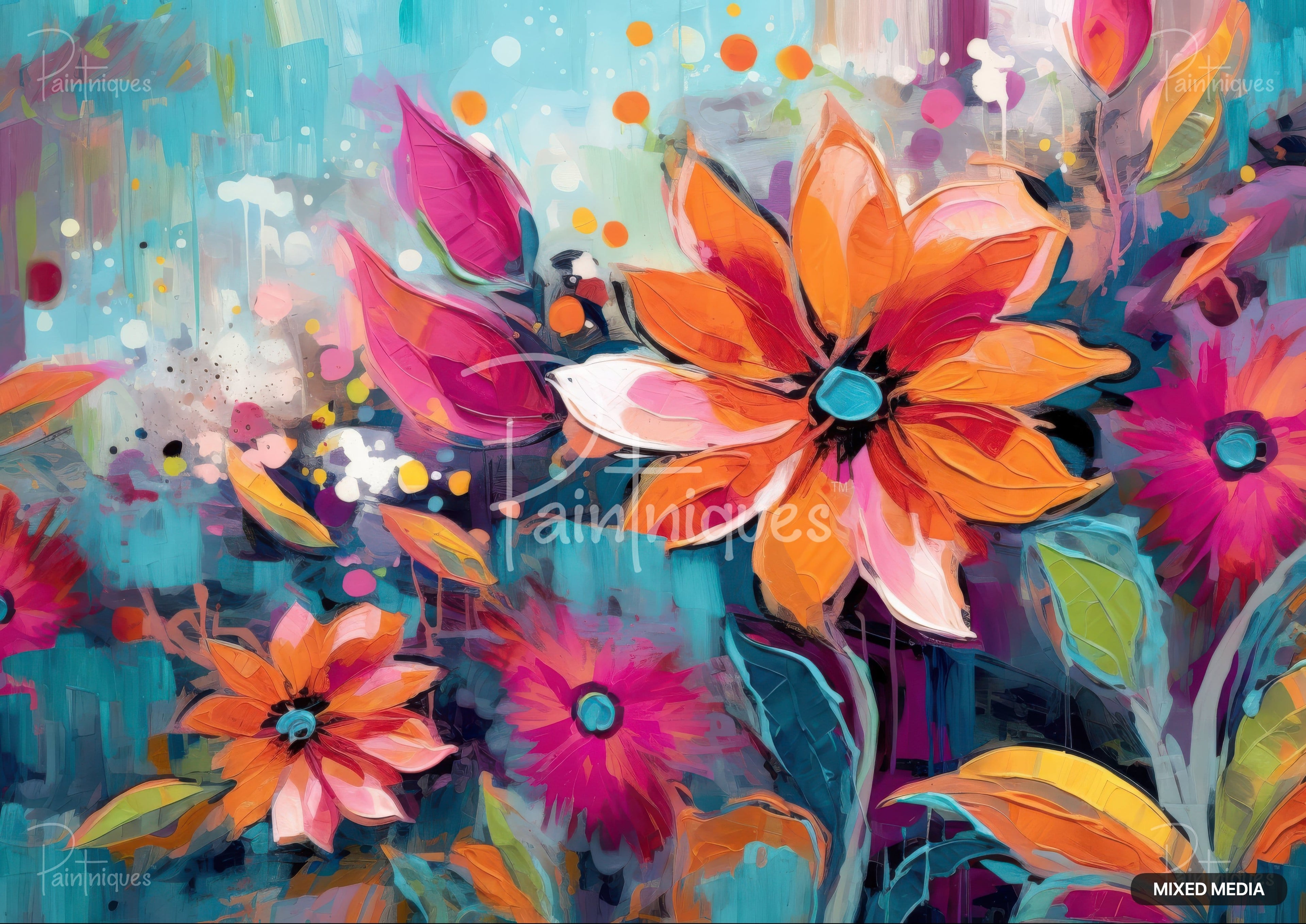 Abstract painting with vibrant orange, pink, and red flowers, blue centers, on a turquoise and purple background.