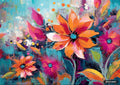 An abstract painting of vibrantly colored flowers and leaves against a teal and blue background with paint splatters.
