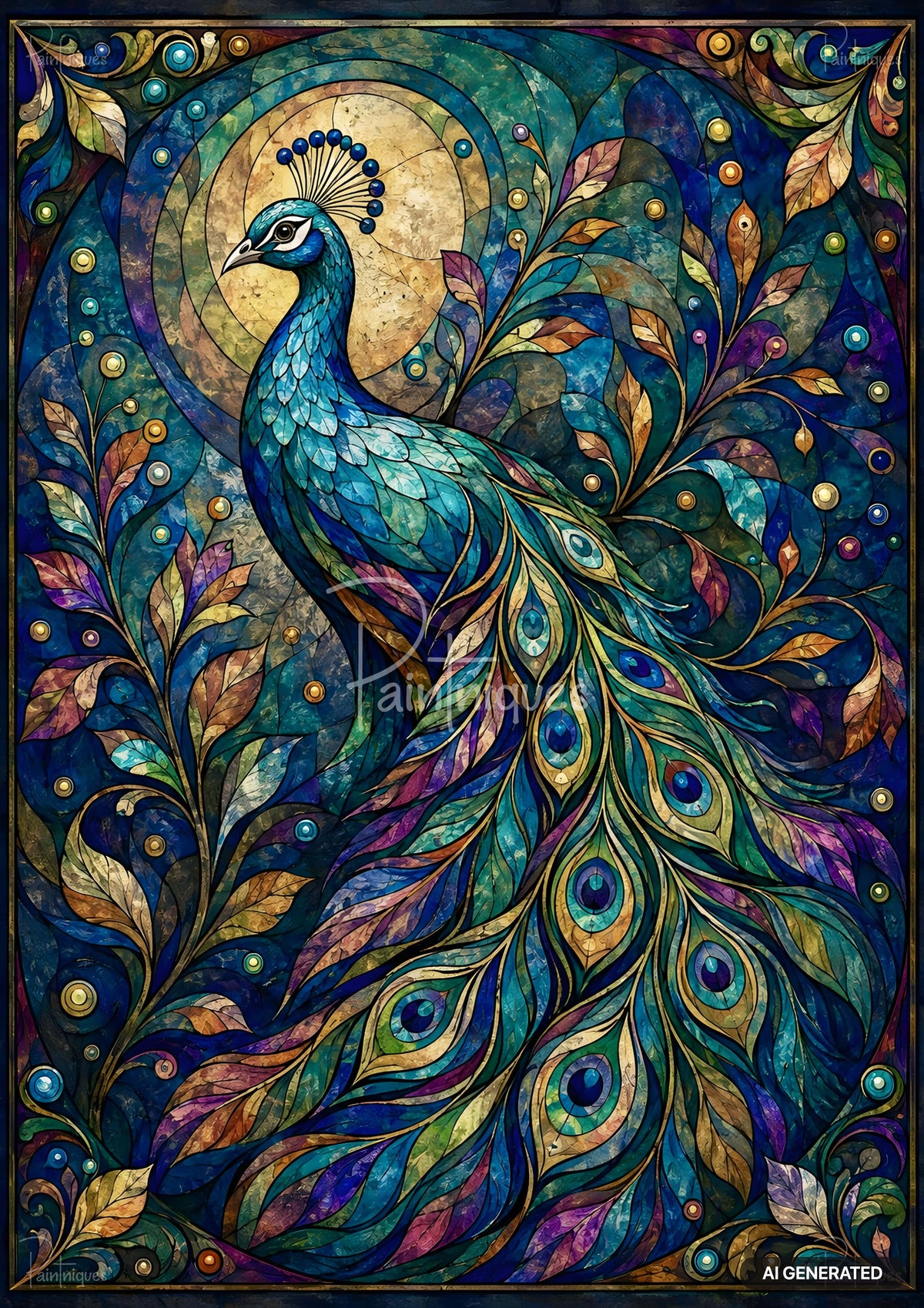 Stained glass style art of a peacock with iridescent blue and green feathers, elaborate tail, and ornate foliage.
