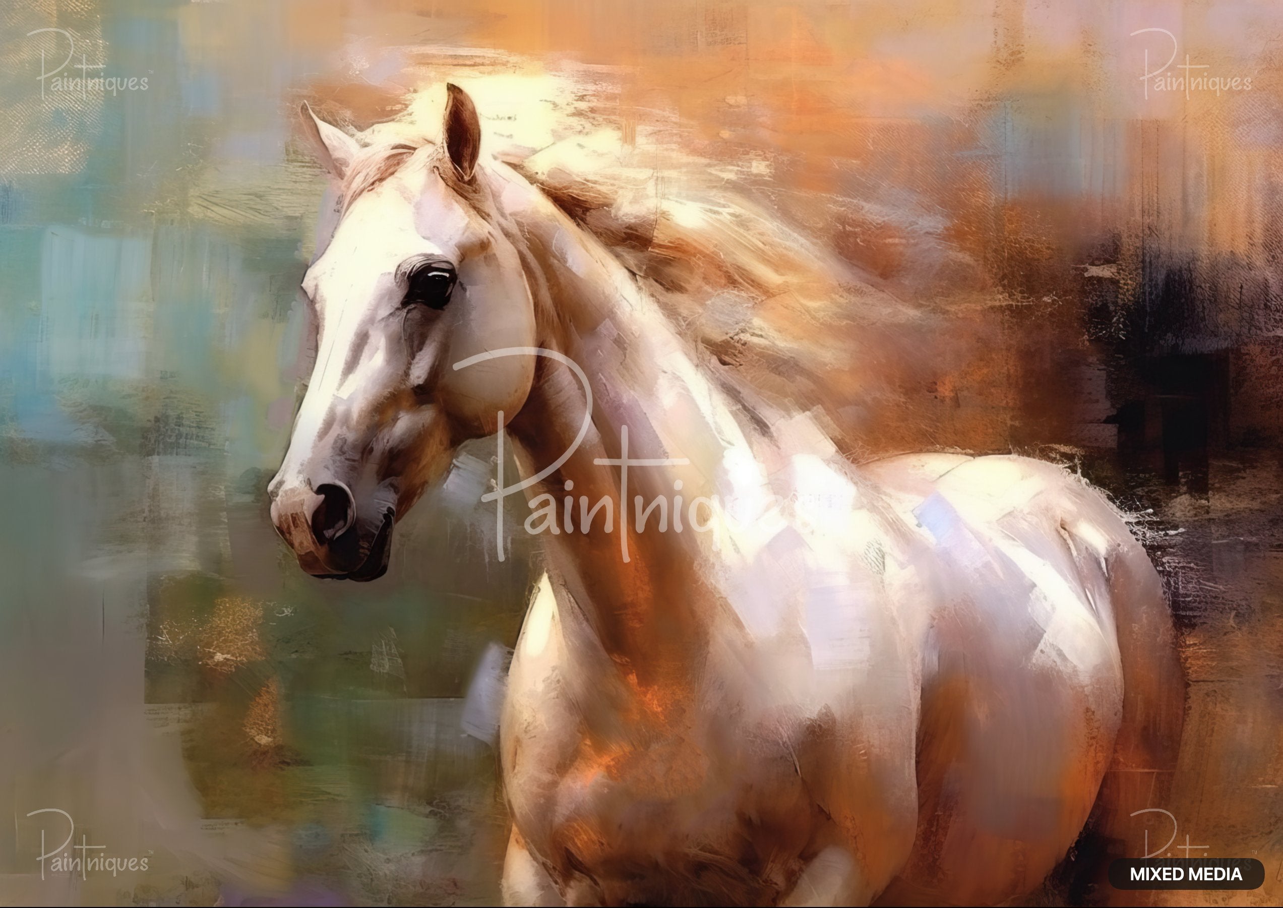 Impressionistic painting of a cream-colored horse with flowing mane, against an abstract background of orange and blue.