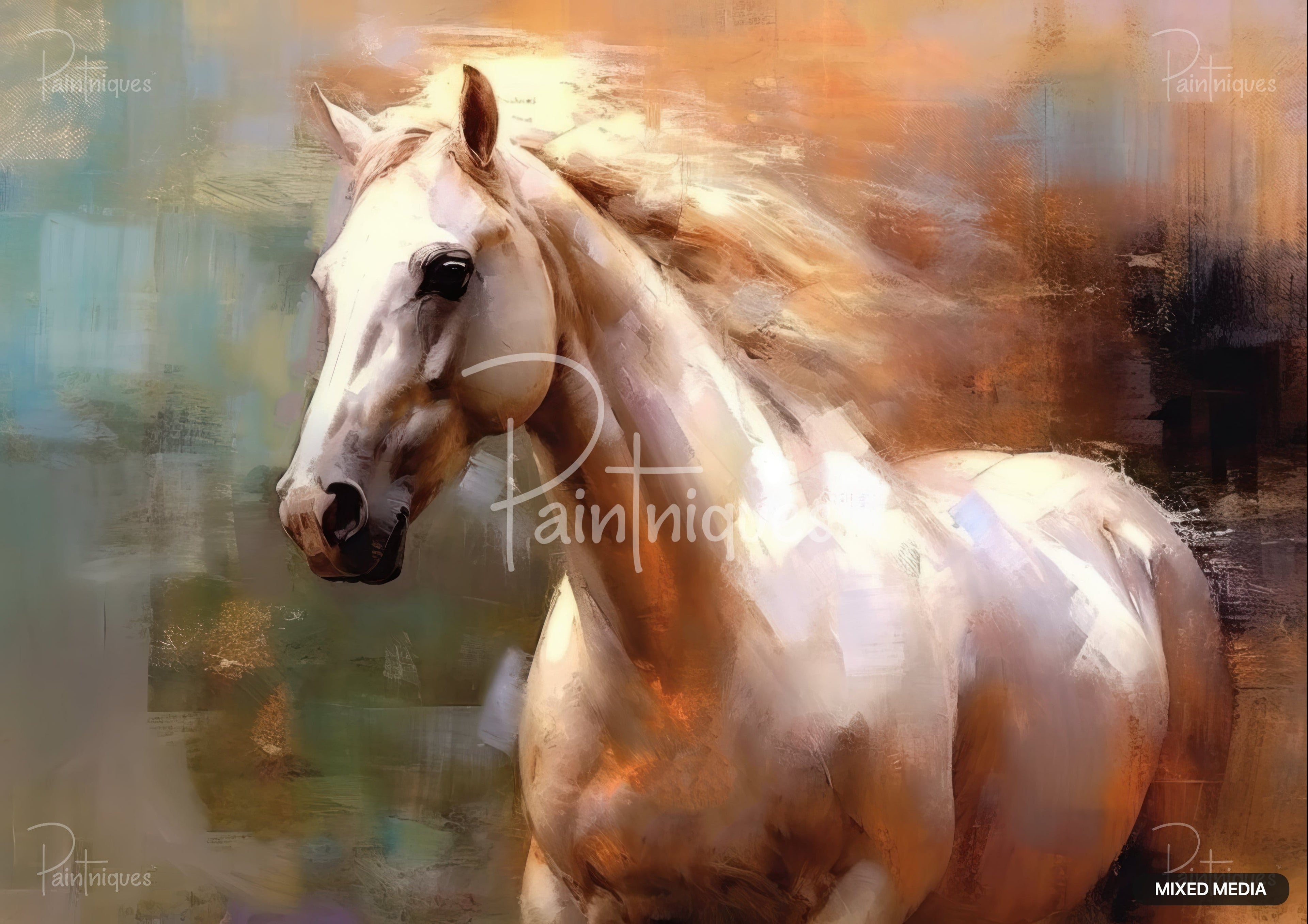 Abstract painting of a white horse with flowing mane and tail, against a background of blues, oranges, and browns.