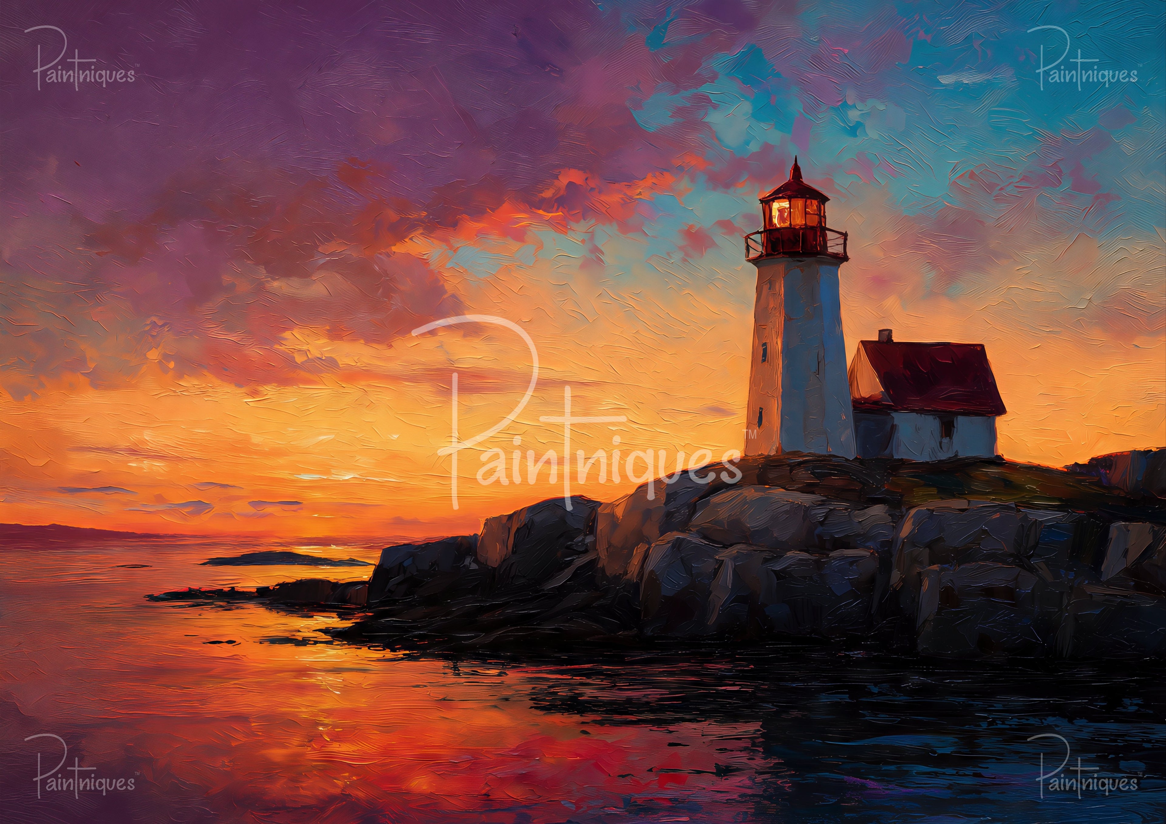 Lighthouse on rocky shore at vivid orange and purple sunset, textured oil-paint sky glowing and reflecting on calm water