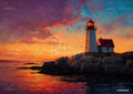 Oil painting of a lighthouse and house on a rocky coast at sunset, with an orange-red sky and water.