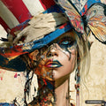 A woman's face, half skin, half gears, wearing a distressed American flag hat with a butterfly. Blue eye, blonde hair.