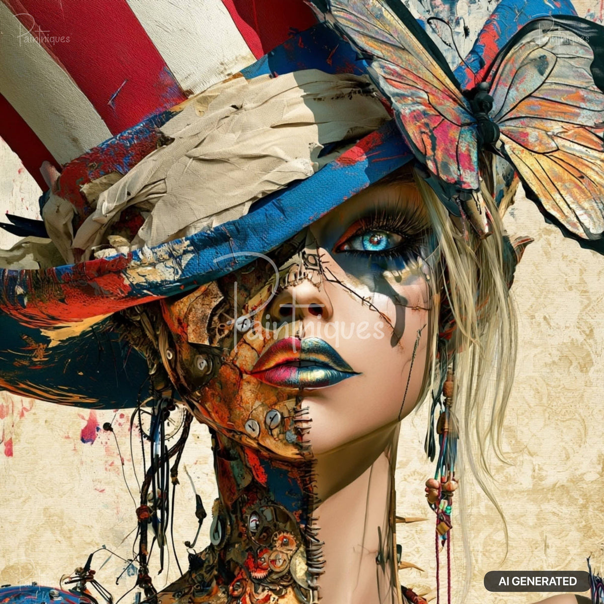 A woman's face, half skin, half gears, wearing a distressed American flag hat with a butterfly. Blue eye, blonde hair.