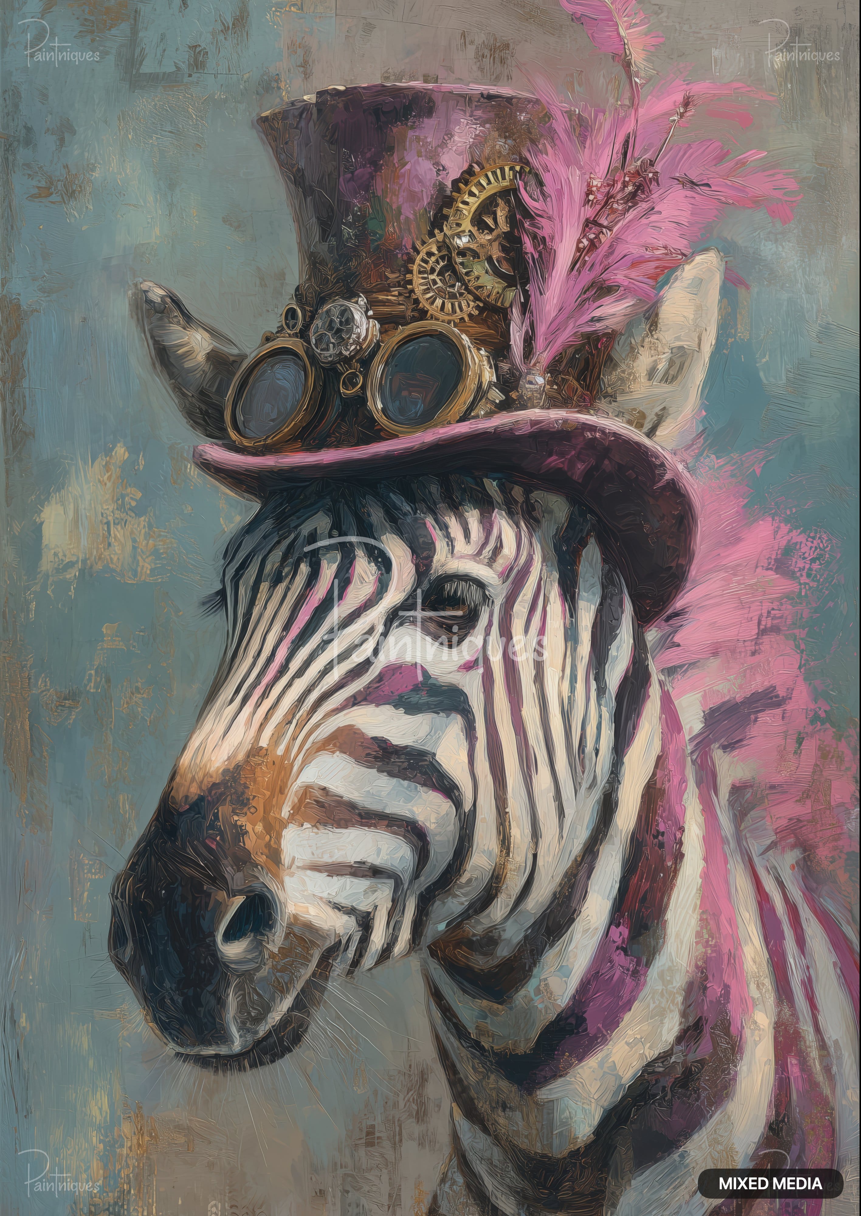 Painting of a zebra wearing a steampunk top hat with gears, goggles, and pink feathers. The zebra has pink stripes.