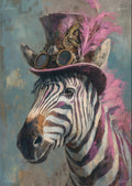 Painted zebra close-up wearing a purple steampunk top hat with goggles and pink feathers on a textured teal background