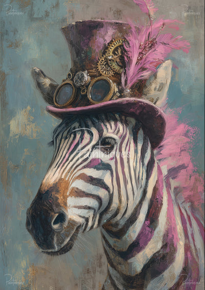 Painted zebra close-up wearing a purple steampunk top hat with goggles and pink feathers on a textured teal background