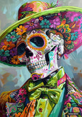 A Day of the Dead skeleton in profile, adorned with a floral sombrero, floral suit, and bow tie.
