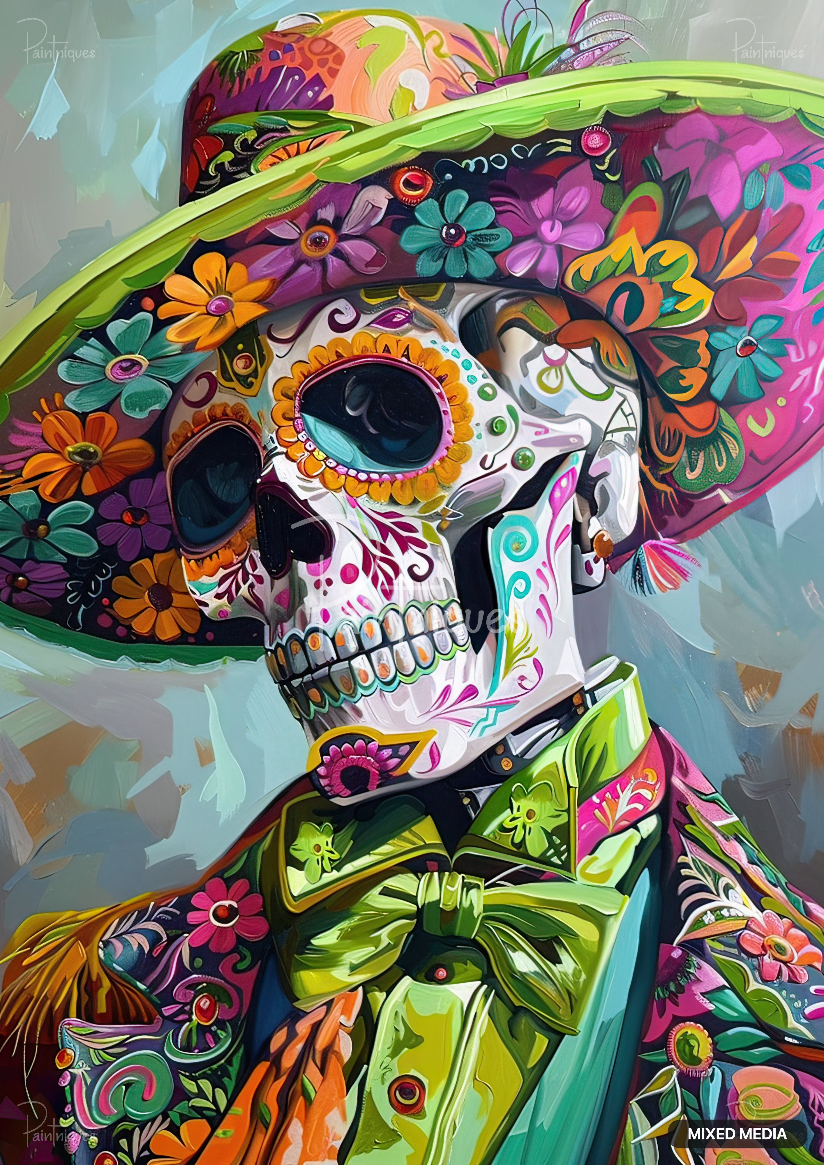 A Day of the Dead skeleton in profile, adorned with a floral sombrero, floral suit, and bow tie.