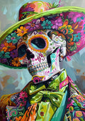 Vibrant sugar skull wearing a wide floral hat and green bow tie, covered in colorful flowers and decorative patterns.