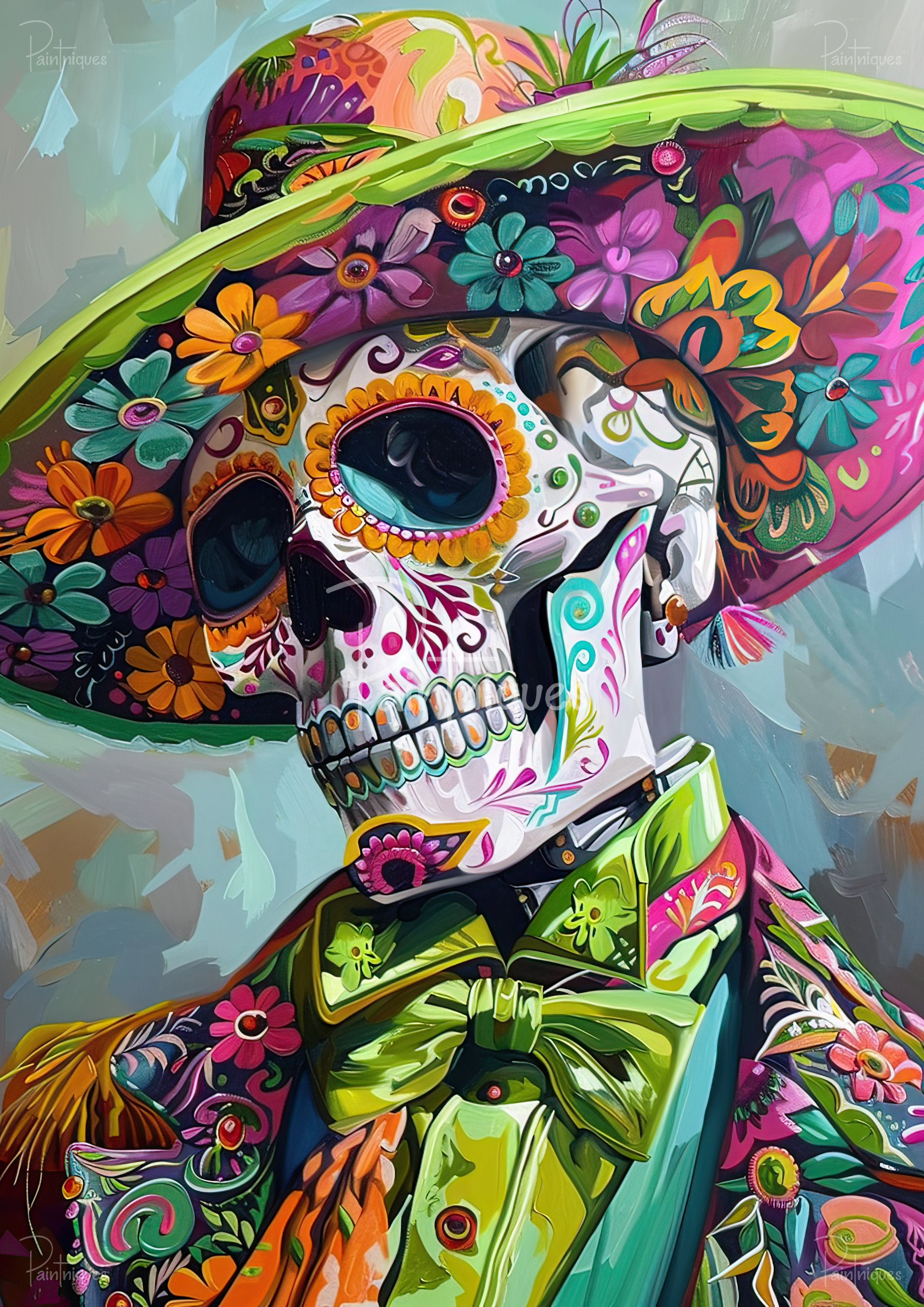 Vibrant sugar skull wearing a wide floral hat and green bow tie, covered in colorful flowers and decorative patterns.