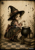 A young witch in a large hat kneels, dropping ingredients into a steaming cauldron. Nearby are spellbooks and potion bottles.