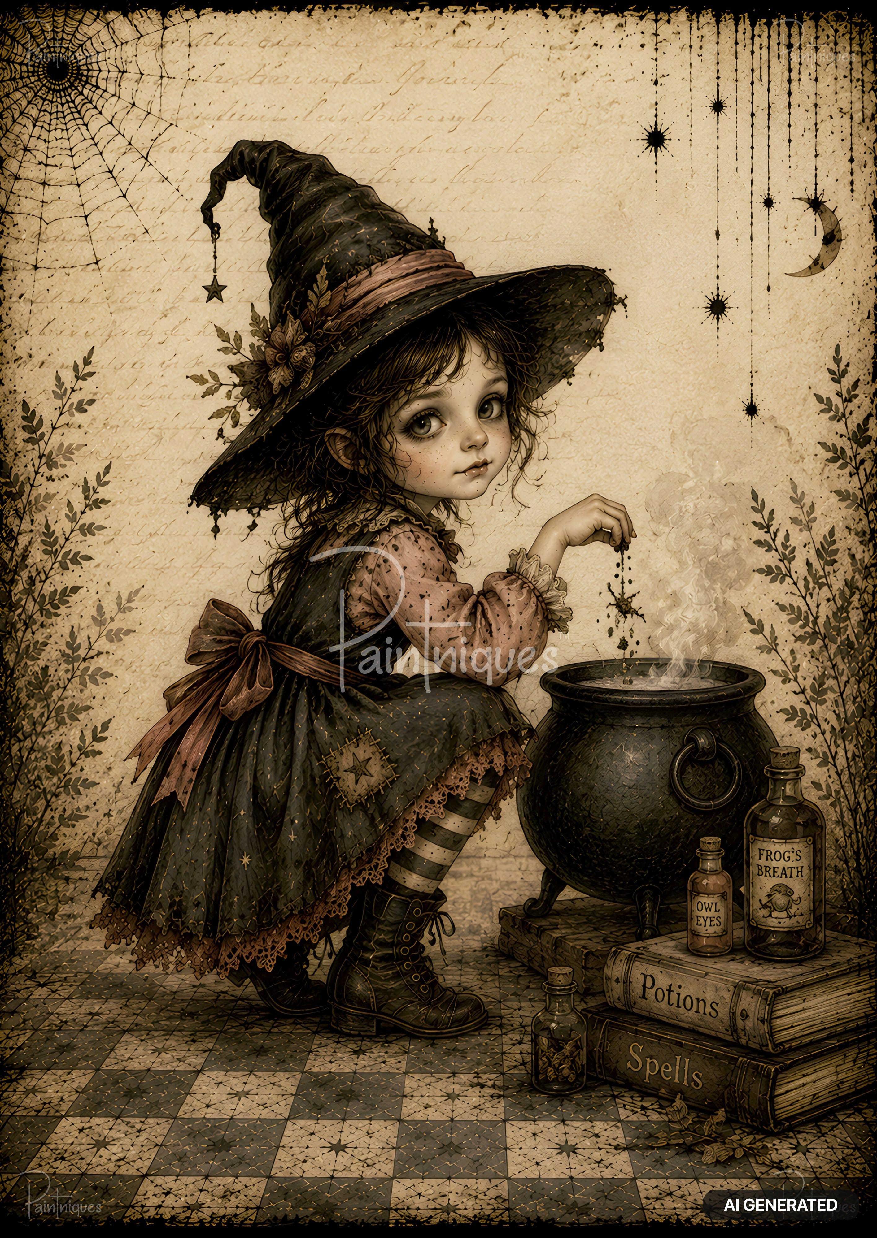 A young witch in a large hat kneels, dropping ingredients into a steaming cauldron. Nearby are spellbooks and potion bottles.