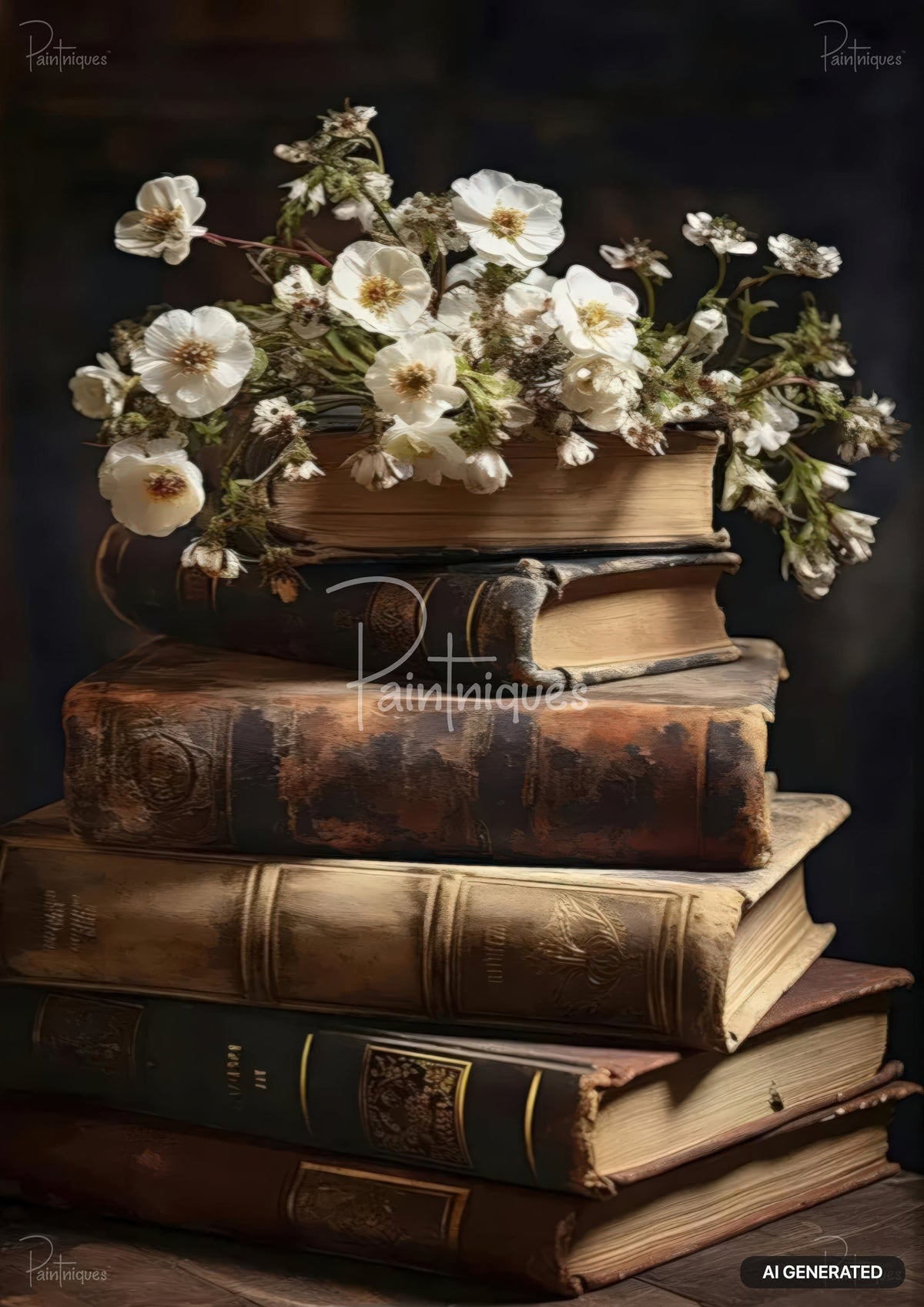 A tall stack of old, worn books with white flowers and green foliage arranged on the top book.