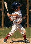 Oil painting of a young boy in a baseball uniform and helmet, holding a bat, in a batting stance.
