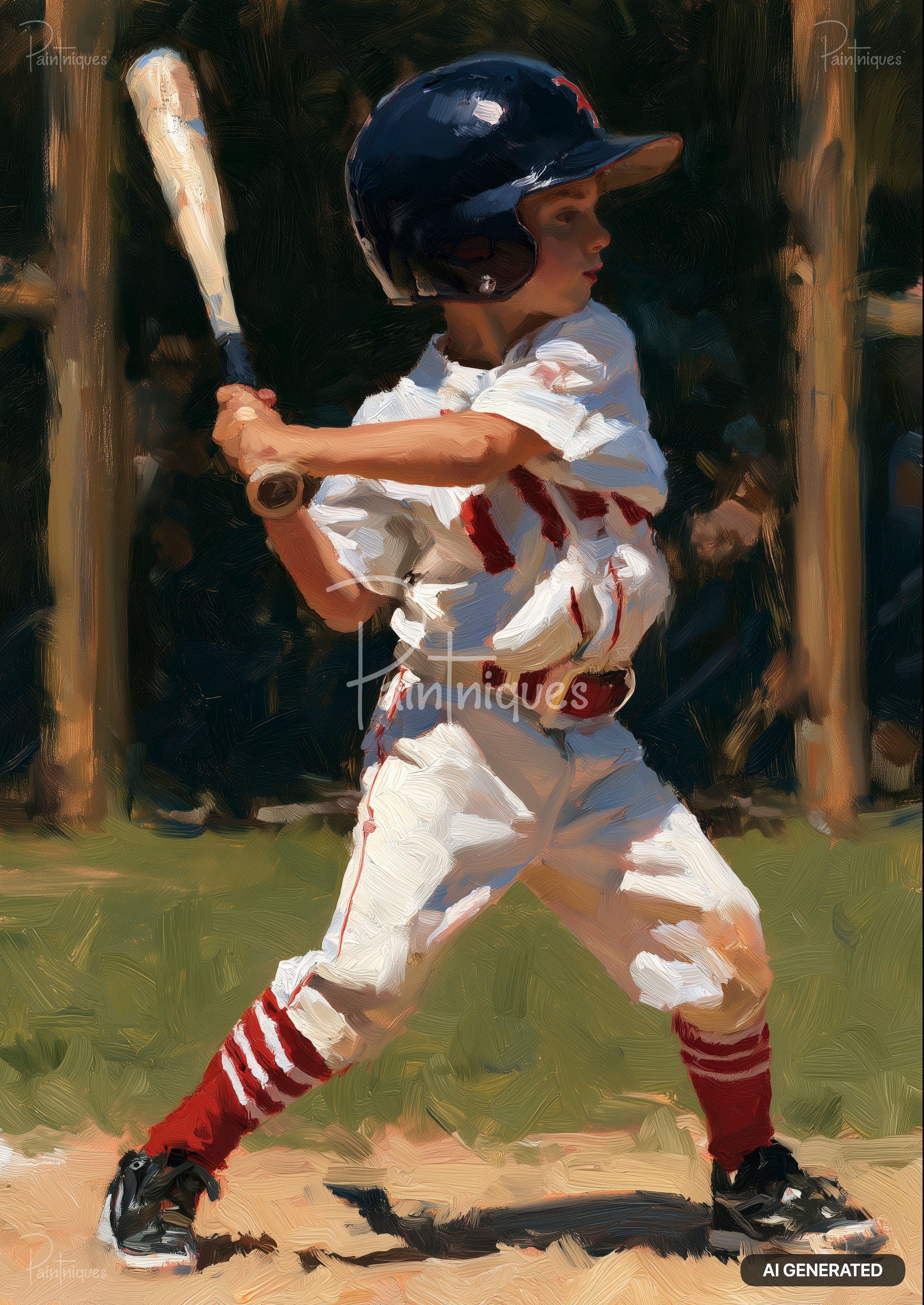 Oil painting of a young boy in a baseball uniform and helmet, holding a bat, in a batting stance.