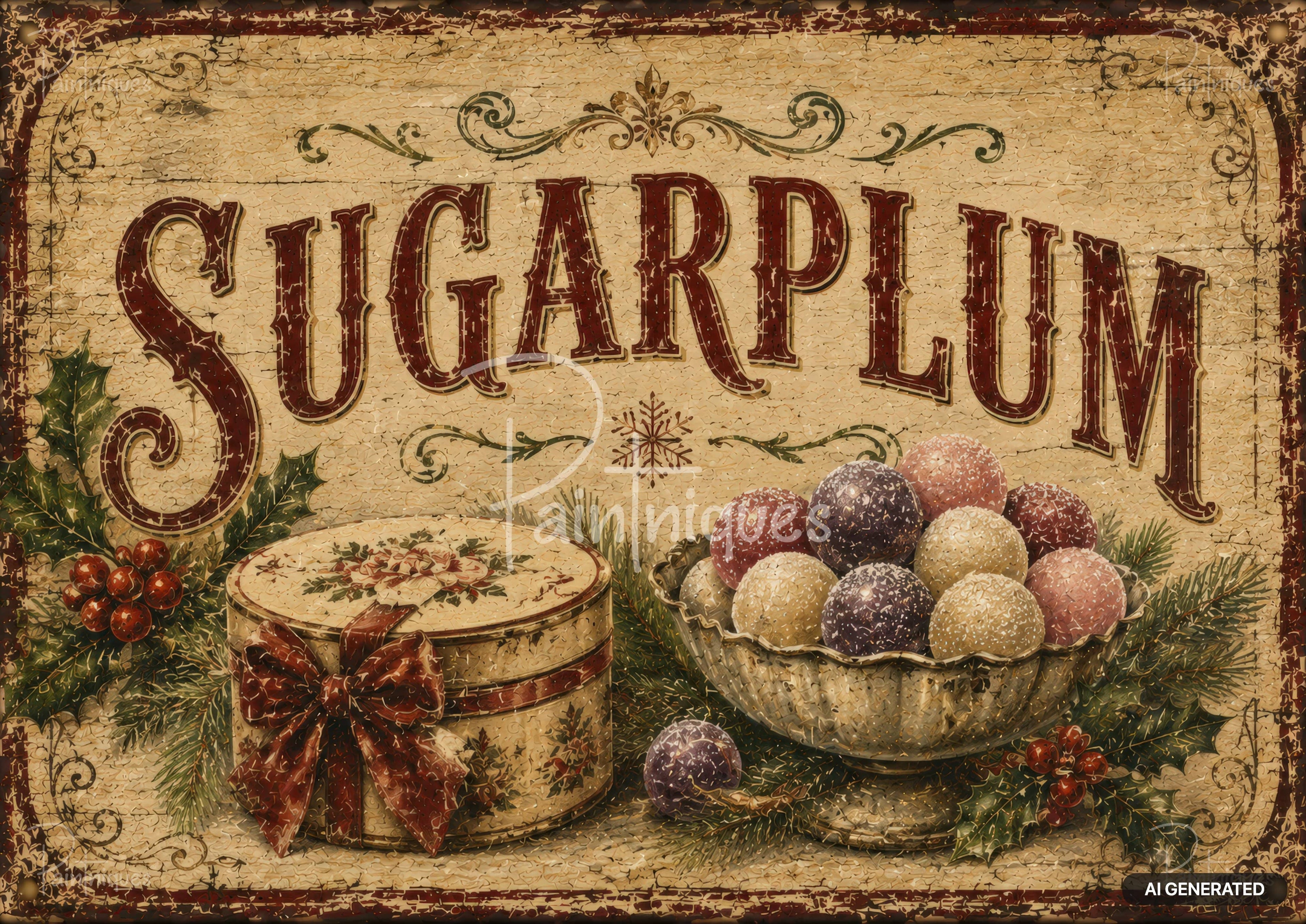 Vintage sign with "SUGARPLUM" in red distressed font, a bowl of colorful truffles, and a floral box with a red bow.