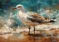 Abstract painting of a white and brown seagull standing on a sandy shore with textured blue and white waves.
