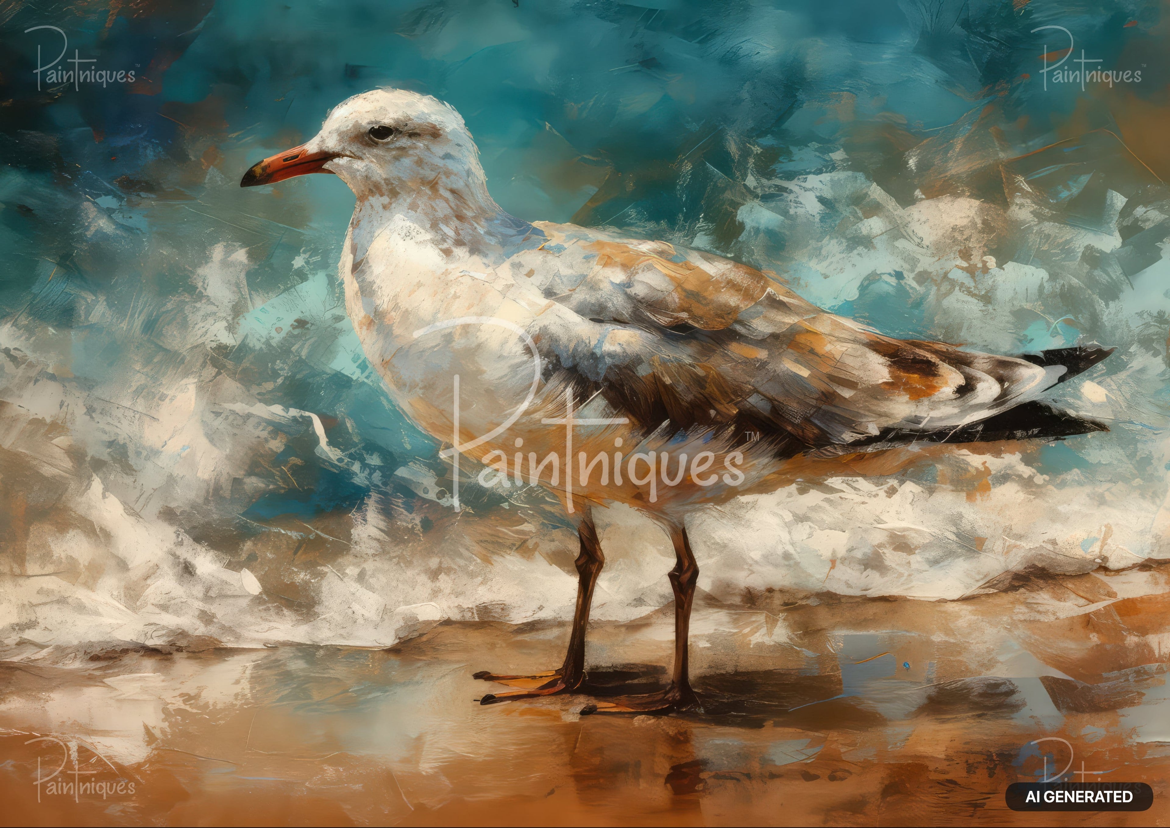 Abstract painting of a white and brown seagull standing on a sandy shore with textured blue and white waves.