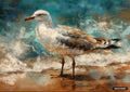 Impressionistic painting of a seagull standing on a shore with waves crashing in the background.