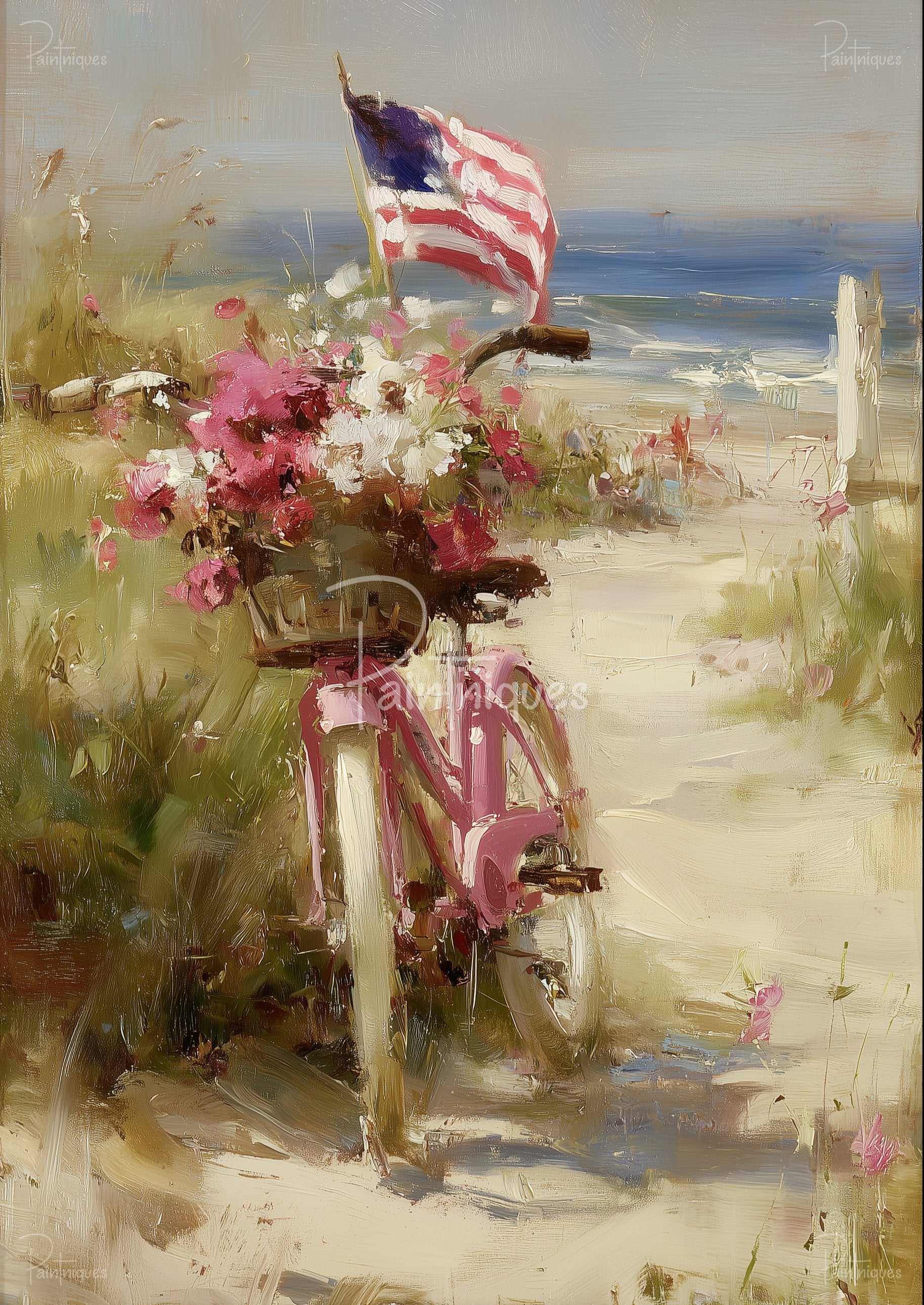 Impressionist beach scene: pink bicycle with flower-filled basket and a waving American flag by dunes and ocean.