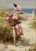 Oil painting of a pink bicycle with a basket of pink and white flowers on a sandy path to the ocean, an American flag waving nearby.