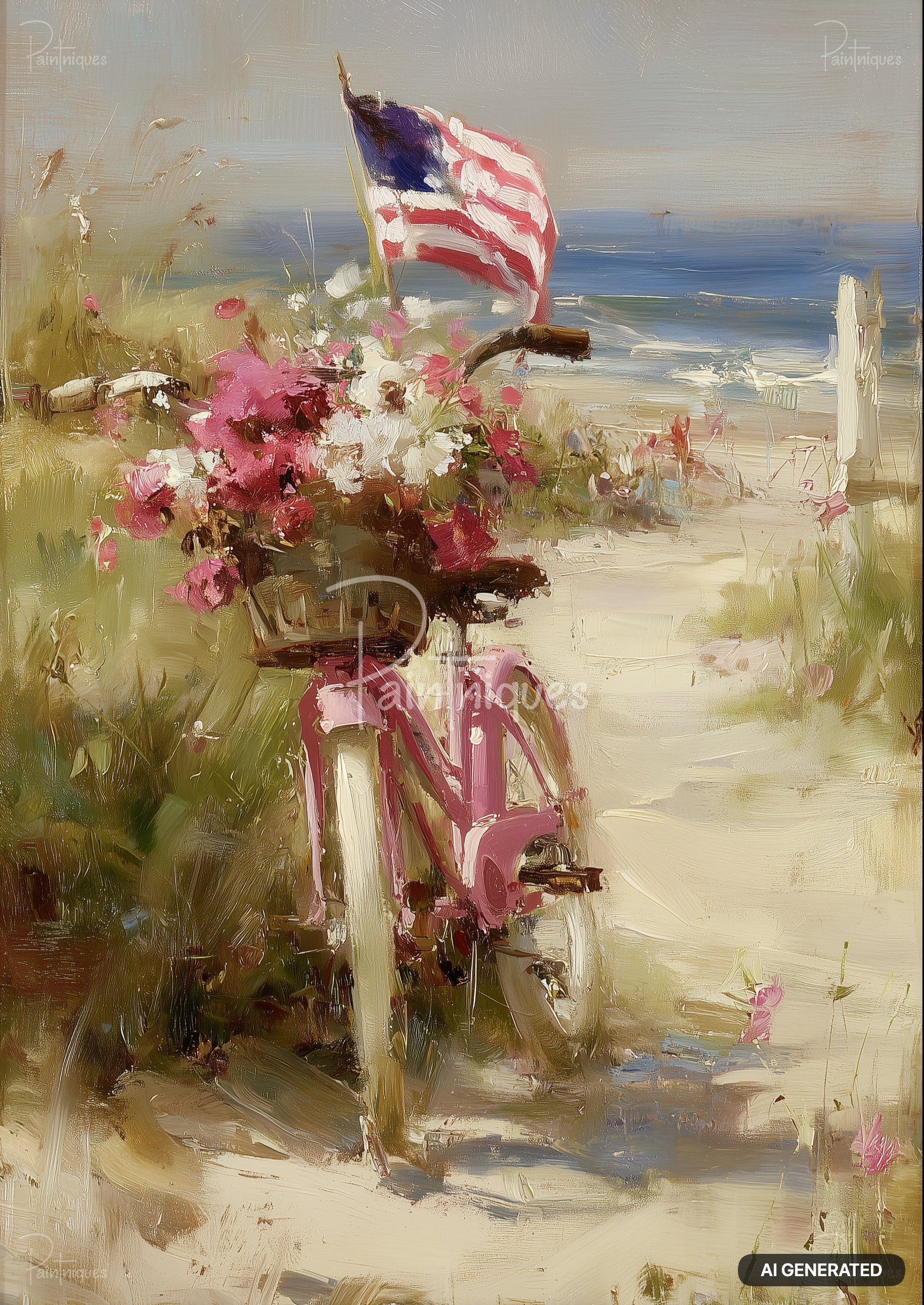 Oil painting of a pink bicycle with a basket of pink and white flowers on a sandy path to the ocean, an American flag waving nearby.