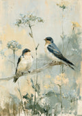 Two blue-gray birds perched on a branch amid pale wildflowers, painted with loose textured brushstrokes.
