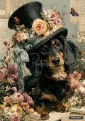 A long-haired black and tan dachshund in a black top hat decorated with roses and butterflies, surrounded by flowers.