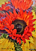Vibrant textured painting of a close-up red sunflower surrounded by bright yellow and deep purple petals.
